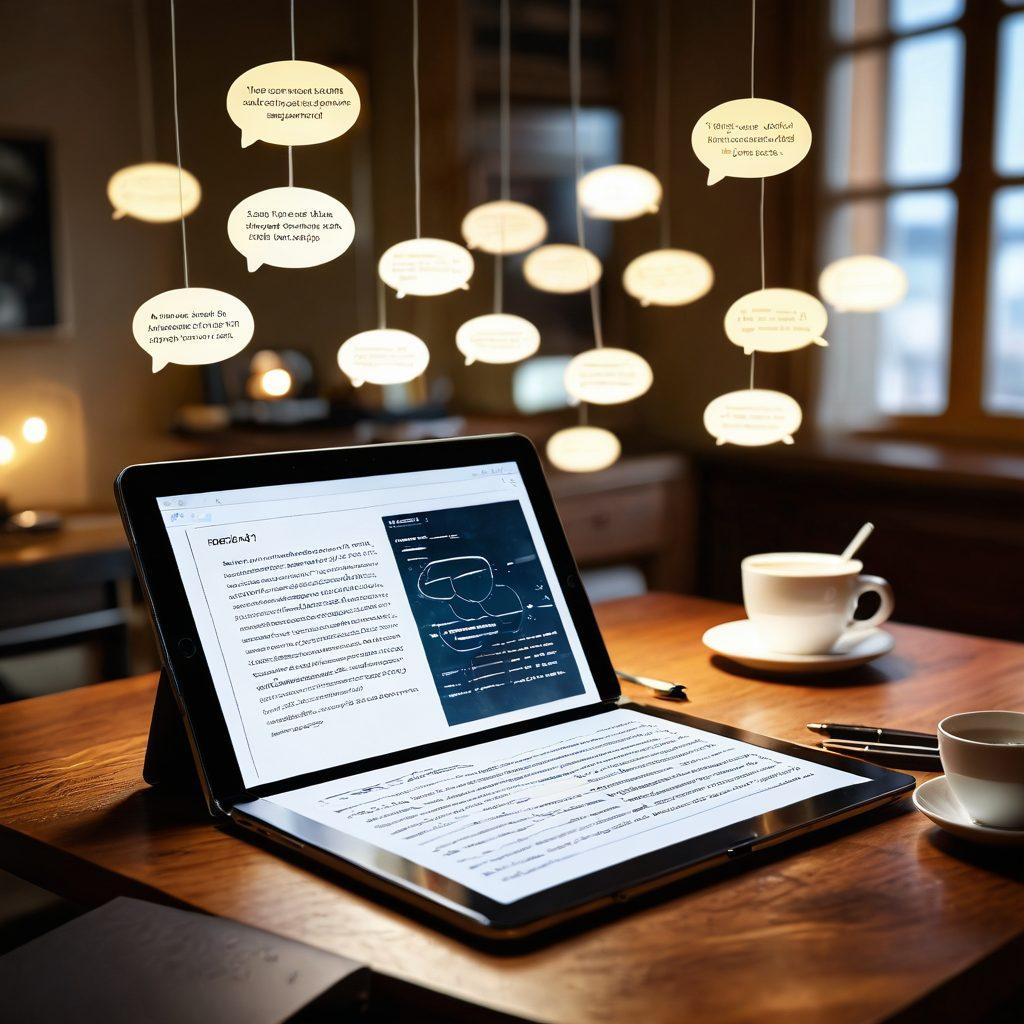 A warm and inviting digital diary opened on a cozy wooden desk, surrounded by floating futuristic text bubbles representing interfil discussions. Soft golden light illuminates handwritten notes and personal reflections, while a blurred background of diverse people engaging in conversation symbolizes connection. Include elements of technology, like tablets and laptops, seamlessly integrating traditional journaling with modern communication. super-realistic. vibrant colors. cozy atmosphere.