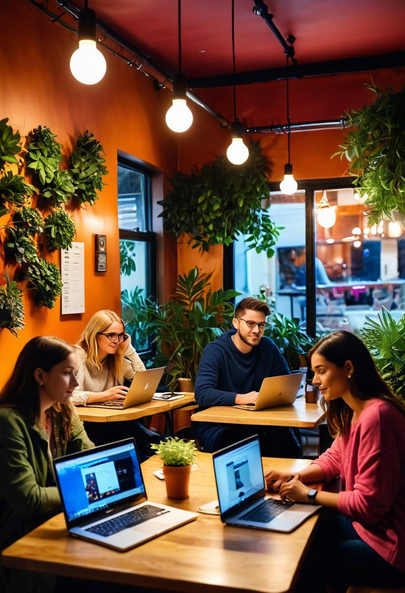 A vibrant scene showcasing a diverse group of individuals passionately sharing their personal stories in a cozy cafe. Each person is engaged with laptops and notebooks, surrounded by plants and warm lighting, symbolizing the power of community and expression. Include a microphone in the center to represent 'voice' and personal blogging. super-realistic. vibrant colors. cozy atmosphere.