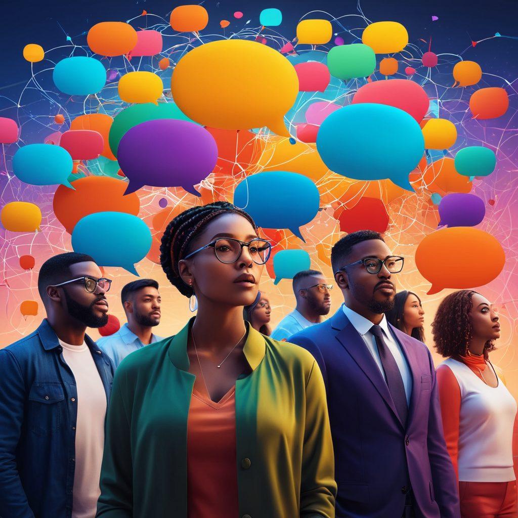 A vibrant digital landscape with diverse individuals engaging passionately, representing various voices in the blogosphere. The background features interconnected nodes symbolizing the Interfil Network, while colorful speech bubbles float around each person, showcasing their unique ideas. Use bright and energetic colors to evoke empowerment and creativity. super-realistic. vibrant colors. 3D.